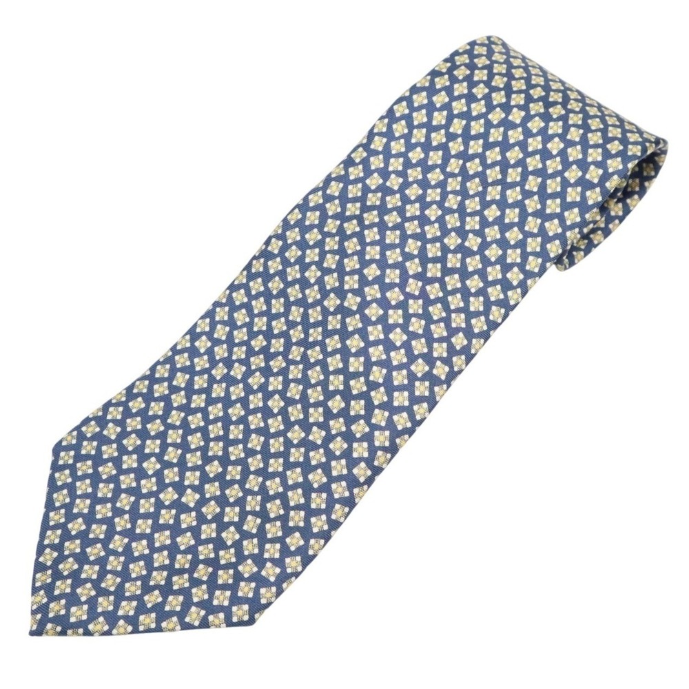 Lauren Ralph Lauren Navy Blue Silk Foulard Necktie Gold Geometric Print USA Made